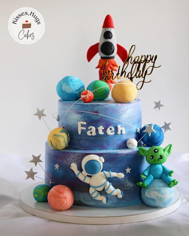 Space Theme Birthday Cake – Rocket & Astronaut Galaxy Cake for Kids