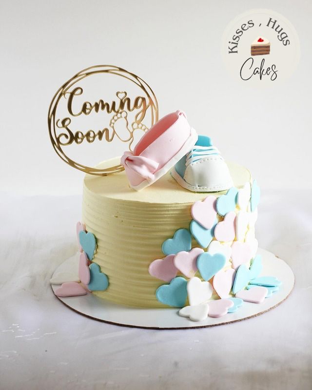 Cute Gender Reveal Cake with Baby Shoes & Hearts