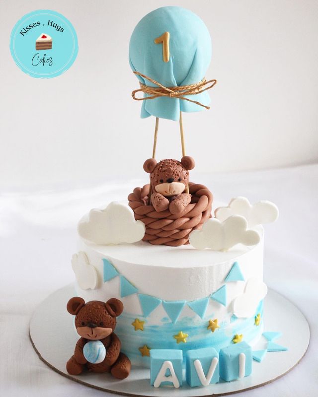 Teddy Bear Hot Air Balloon First Birthday Cake