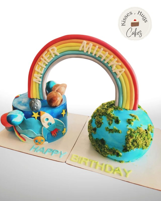 Rainbow Space Theme Birthday Cake – Rocket & Earth Kids Celebration Cake
