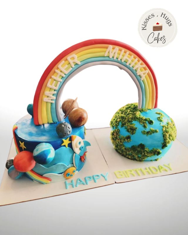 Rainbow Space Theme Birthday Cake – Rocket & Earth Kids Celebration Cake