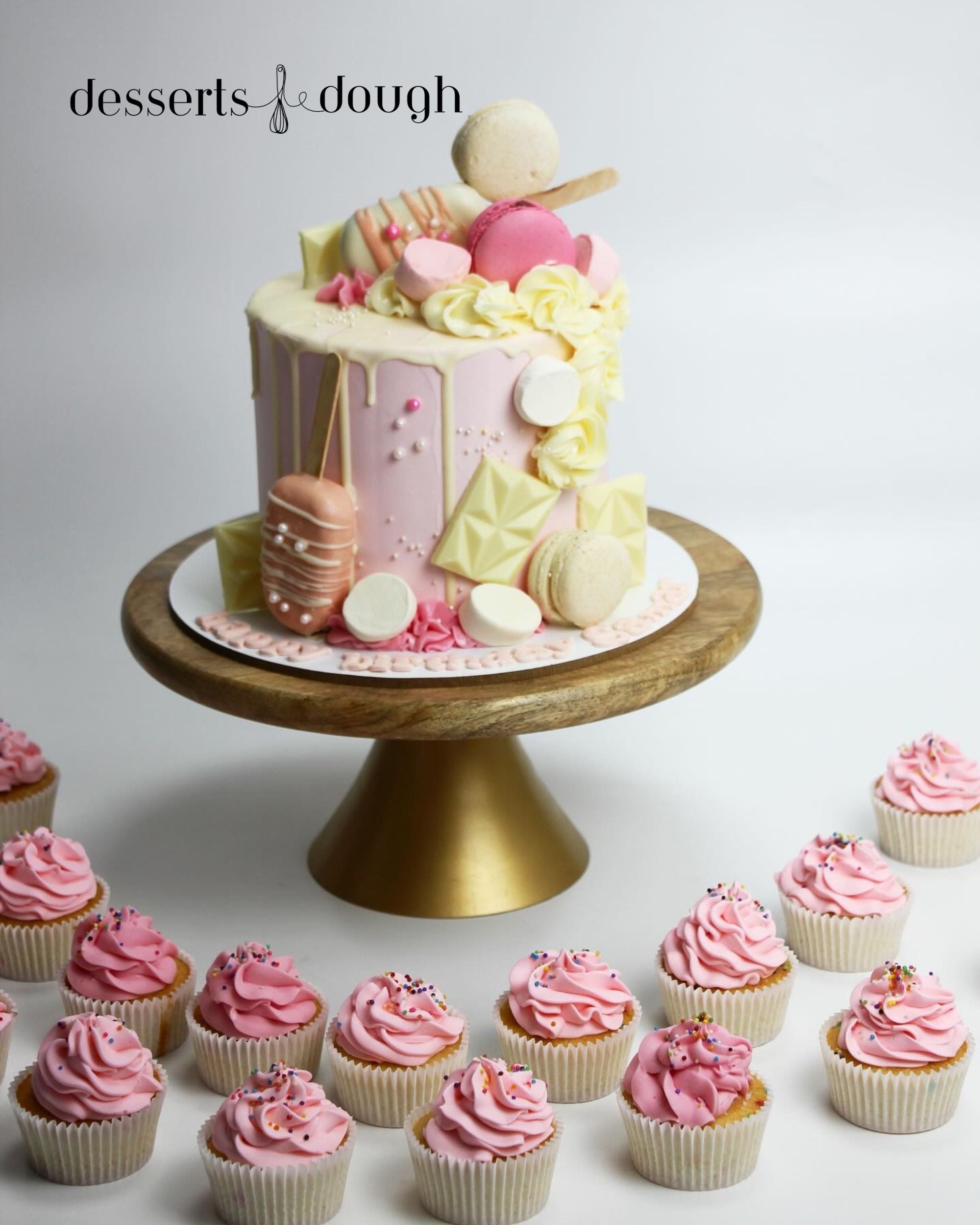 Pink Chocolate Drip Cake with Macarons