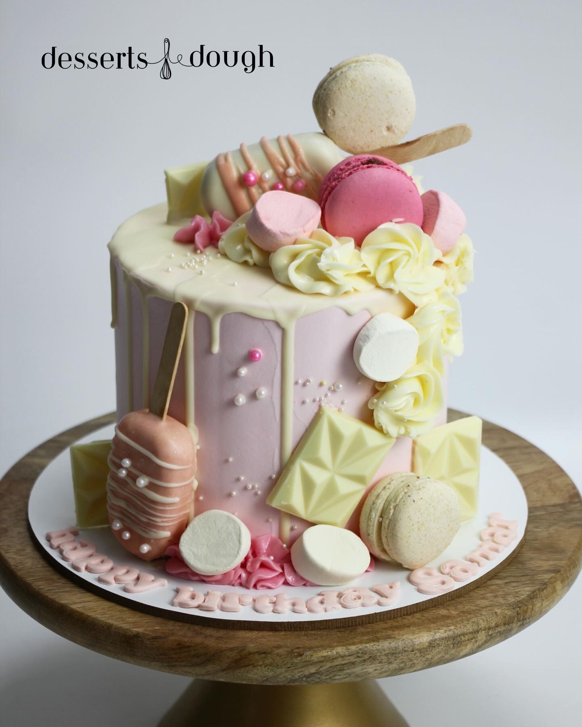 Pink Chocolate Drip Cake with Macarons