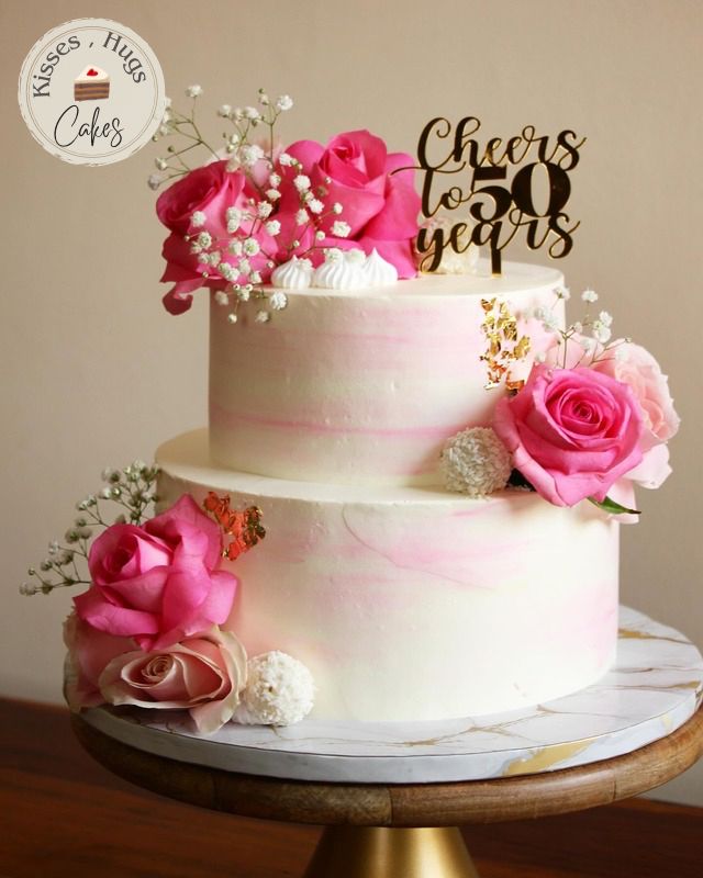 Elegant 50th Anniversary Cake – Pink Floral Golden Jubilee Celebration Cake