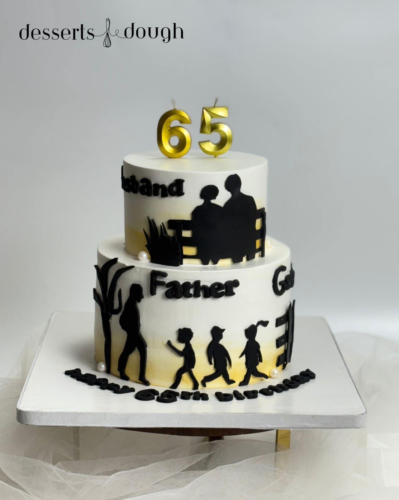 65th Birthday Family Silhouette Cake – Elegant Grandfather Celebration Cake
