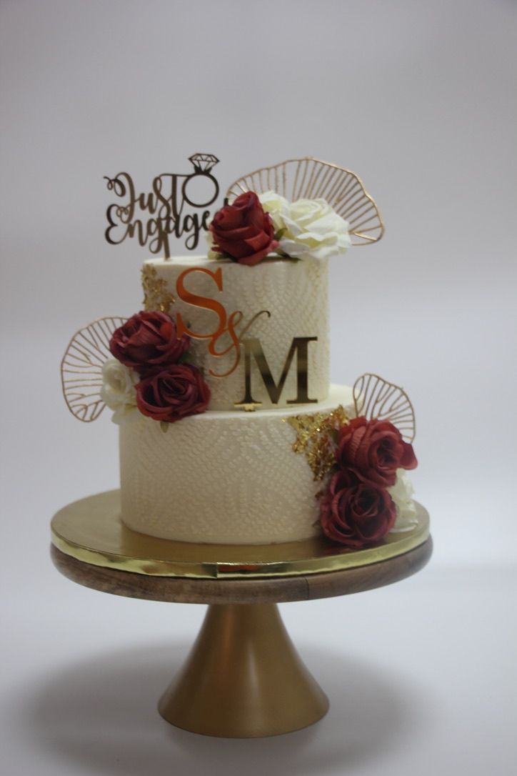 White & Gold Monogram Floral Cake