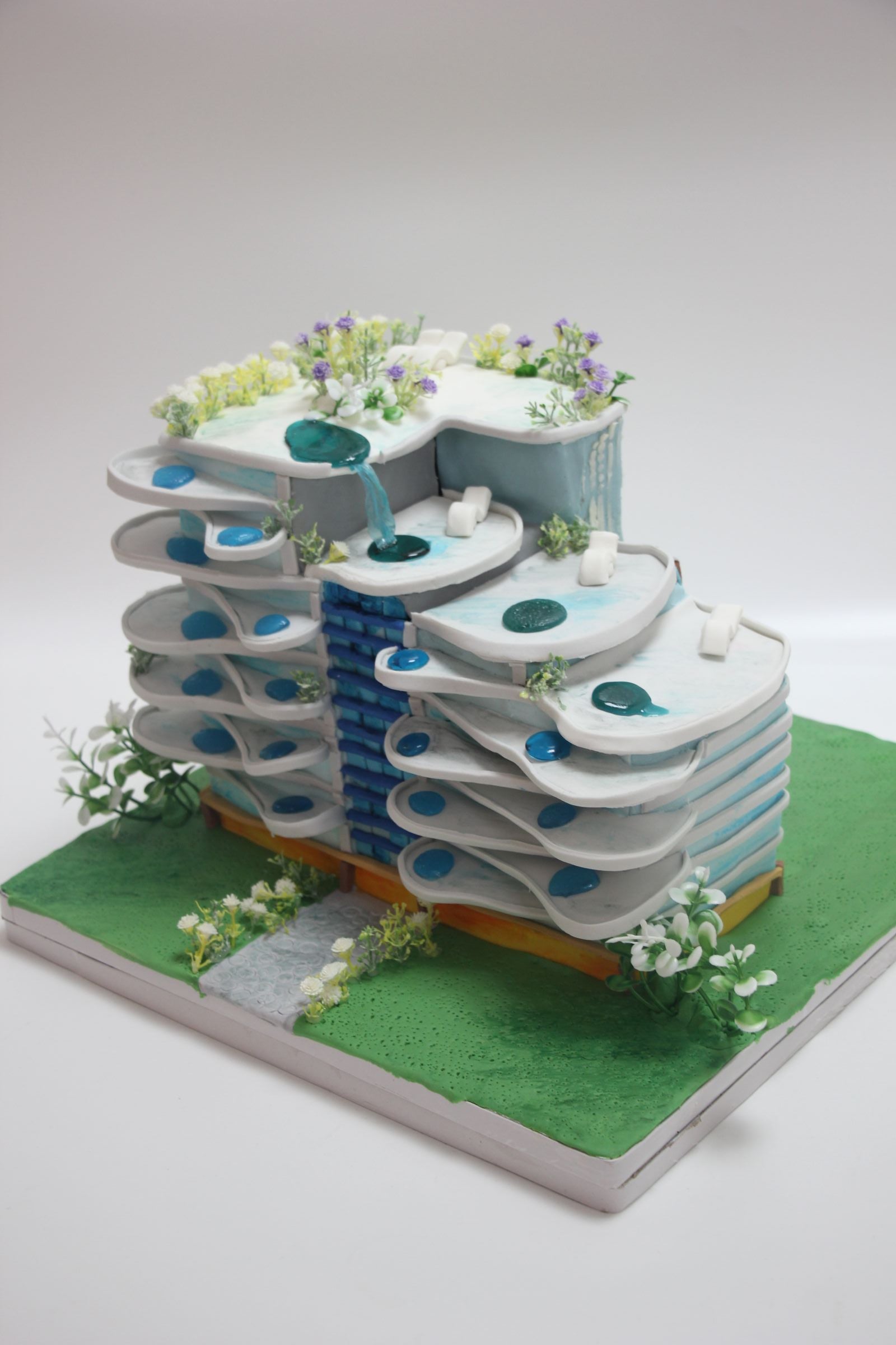 Luxury Architectural Building Cake with Waterfall | Custom Designer Cake