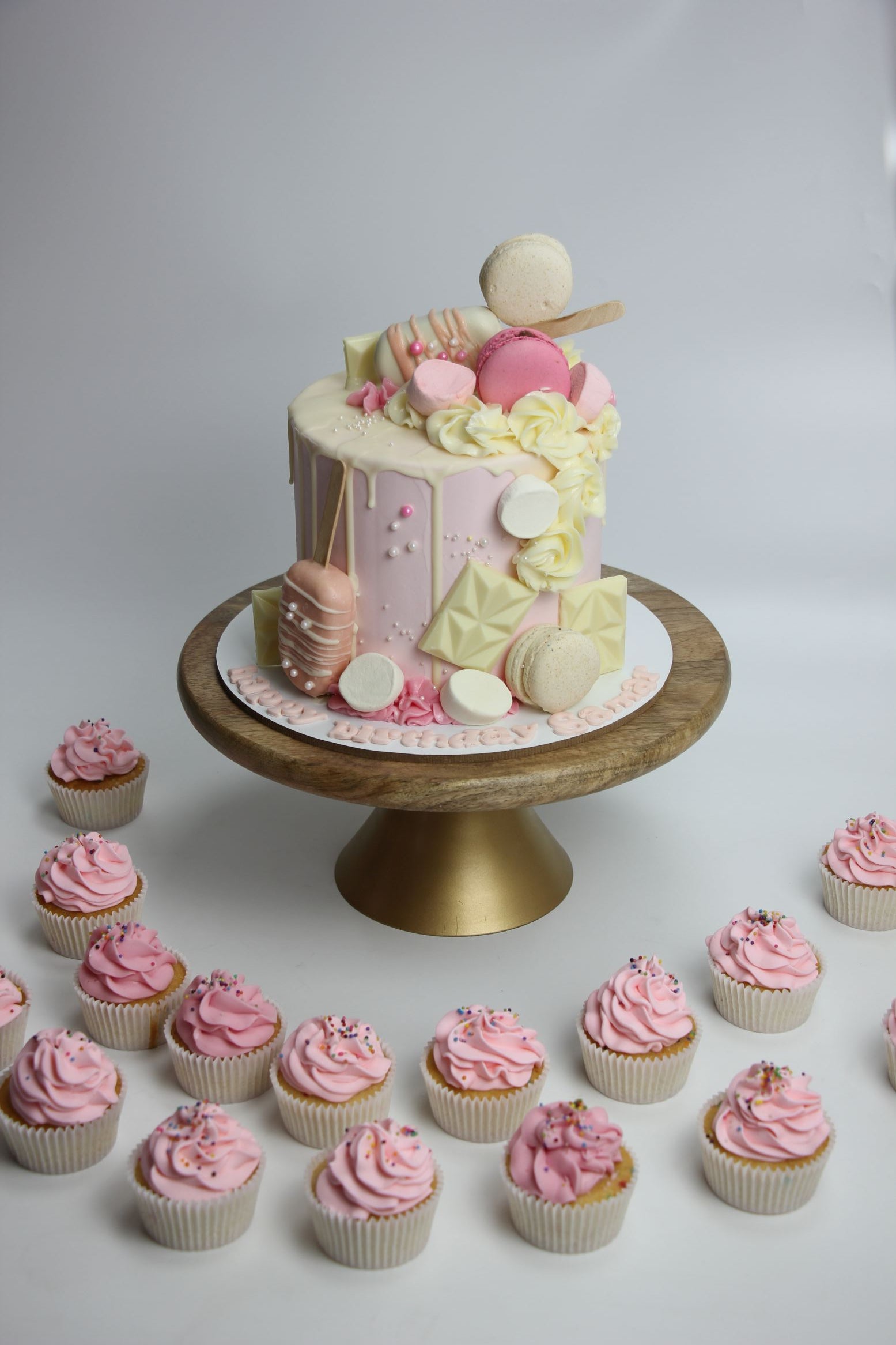 Pink Chocolate Drip Cake with Macarons