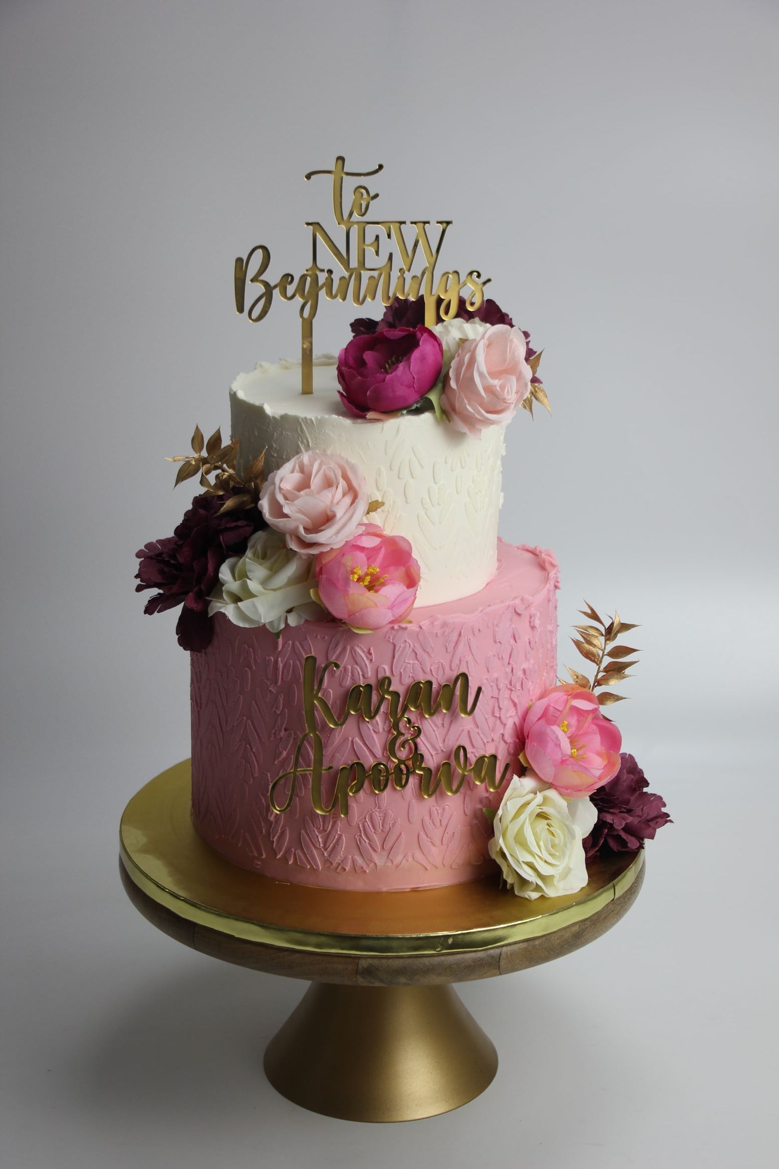 Elegant Engagement Cake – Pink & Ivory Floral “New Beginnings” Celebration Cake