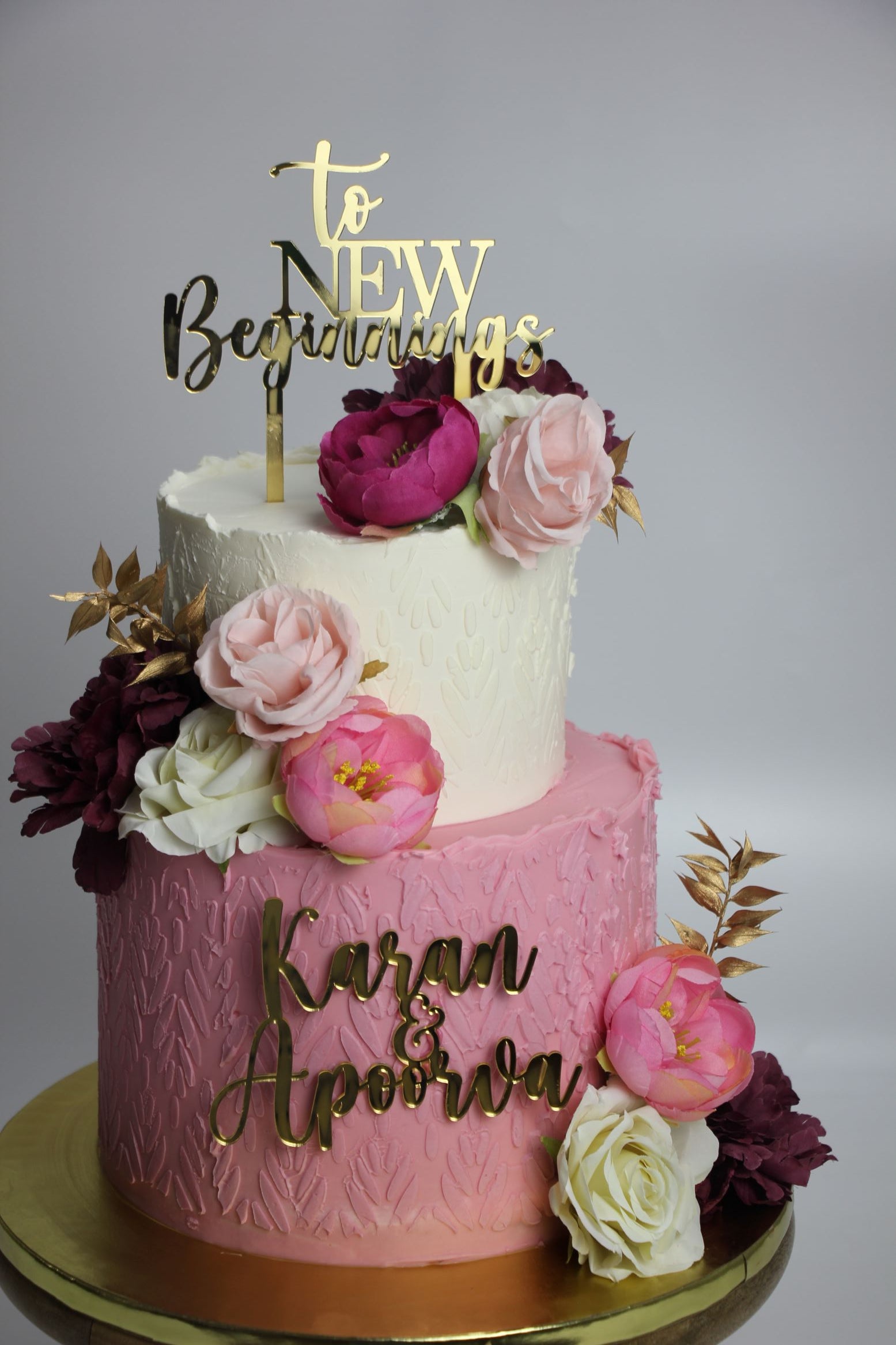 Elegant Engagement Cake – Pink & Ivory Floral “New Beginnings” Celebration Cake