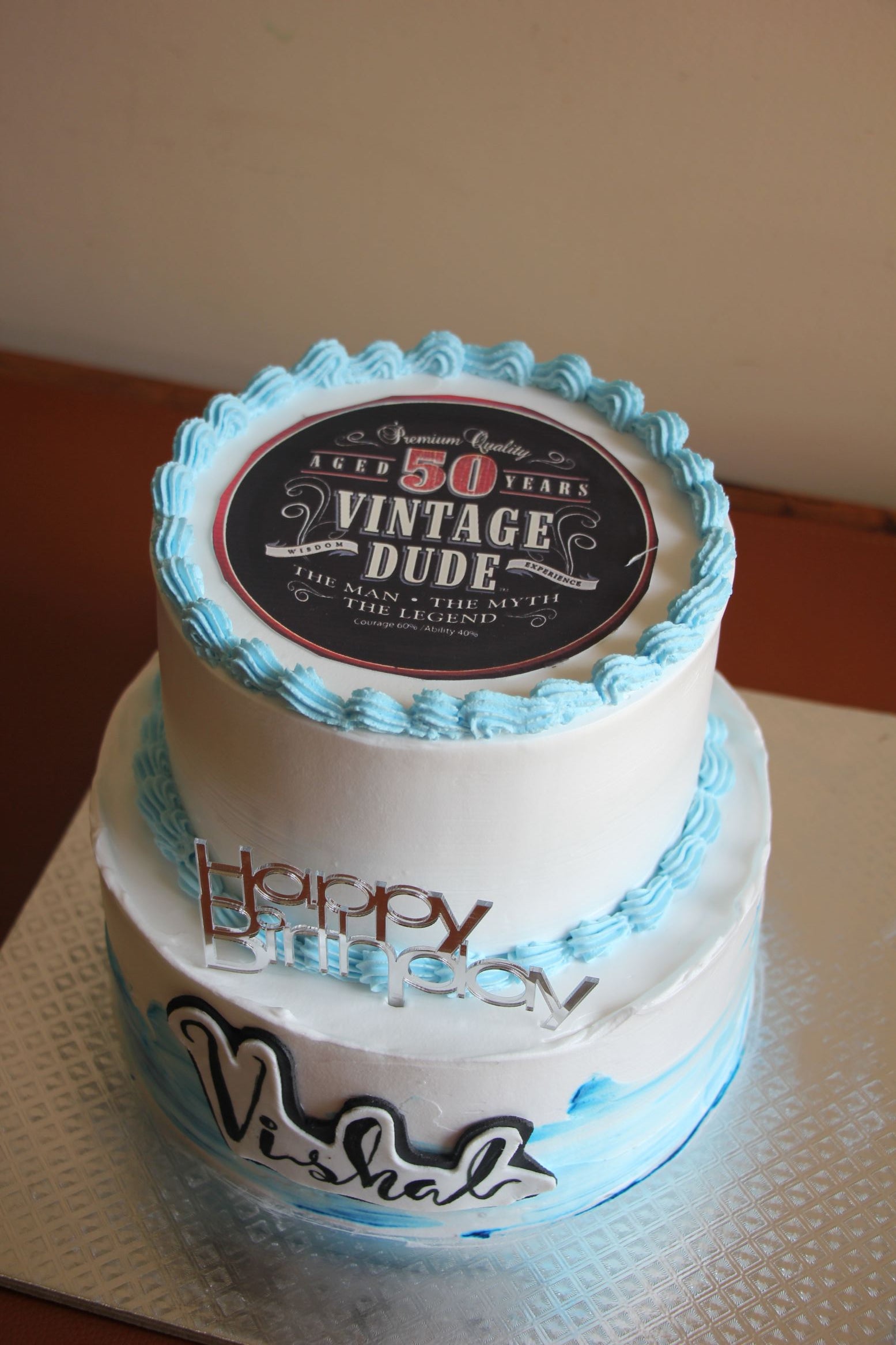 Vintage 50th Birthday Cake for Men – Elegant Blue Two-Tier Celebration Cake
