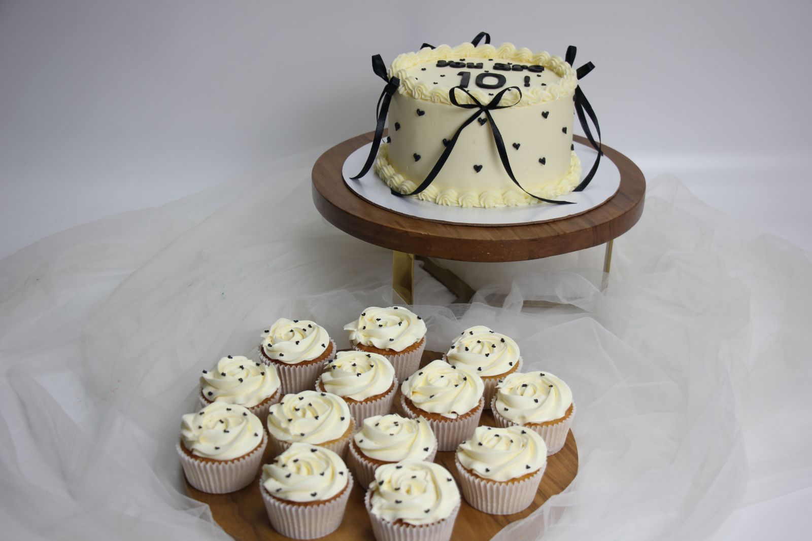 Elegant Black & White Birthday Dessert Set | Custom Cake & Cupcakes