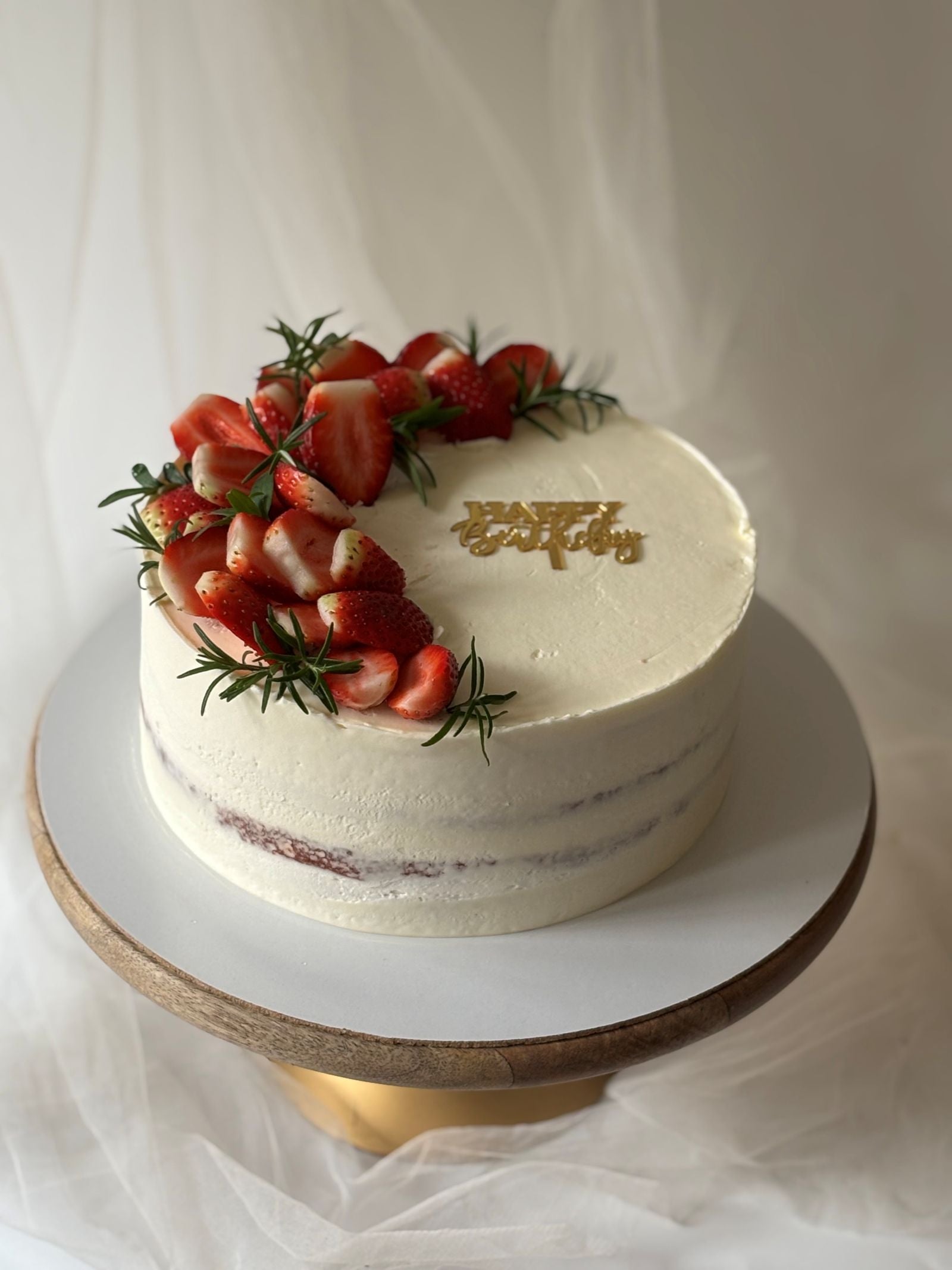 Strawberry Naked Birthday Cake with Rosemary | Elegant Fresh Fruit Cake
