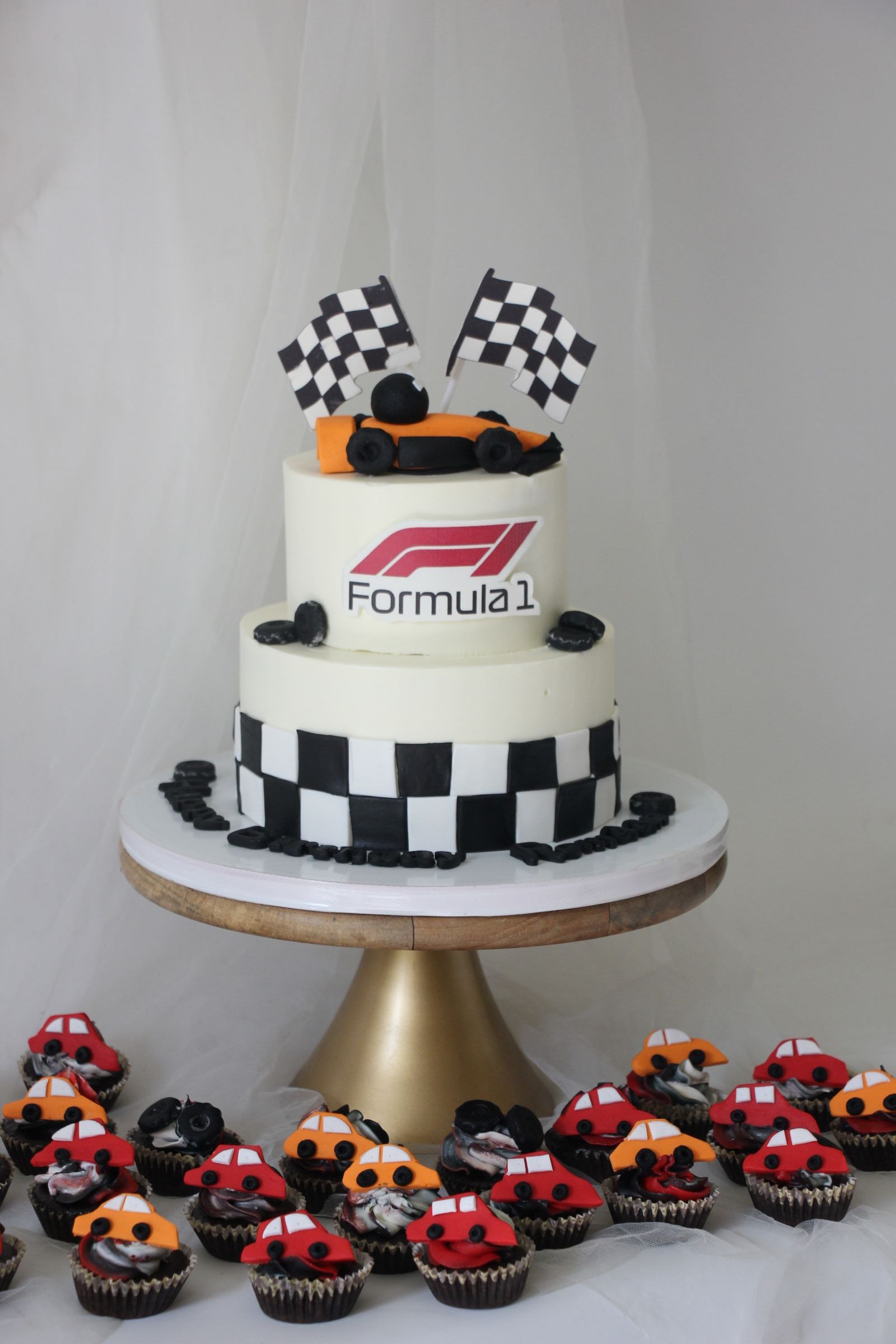 Formula 1 Racing Theme Dessert Table | Custom Cake & Car Cupcakes