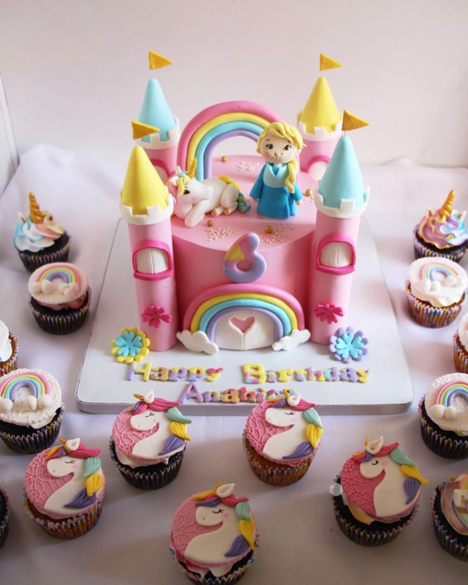 Unicorn Castle Birthday Cake with Cupcakes | Custom Girls Party Cake