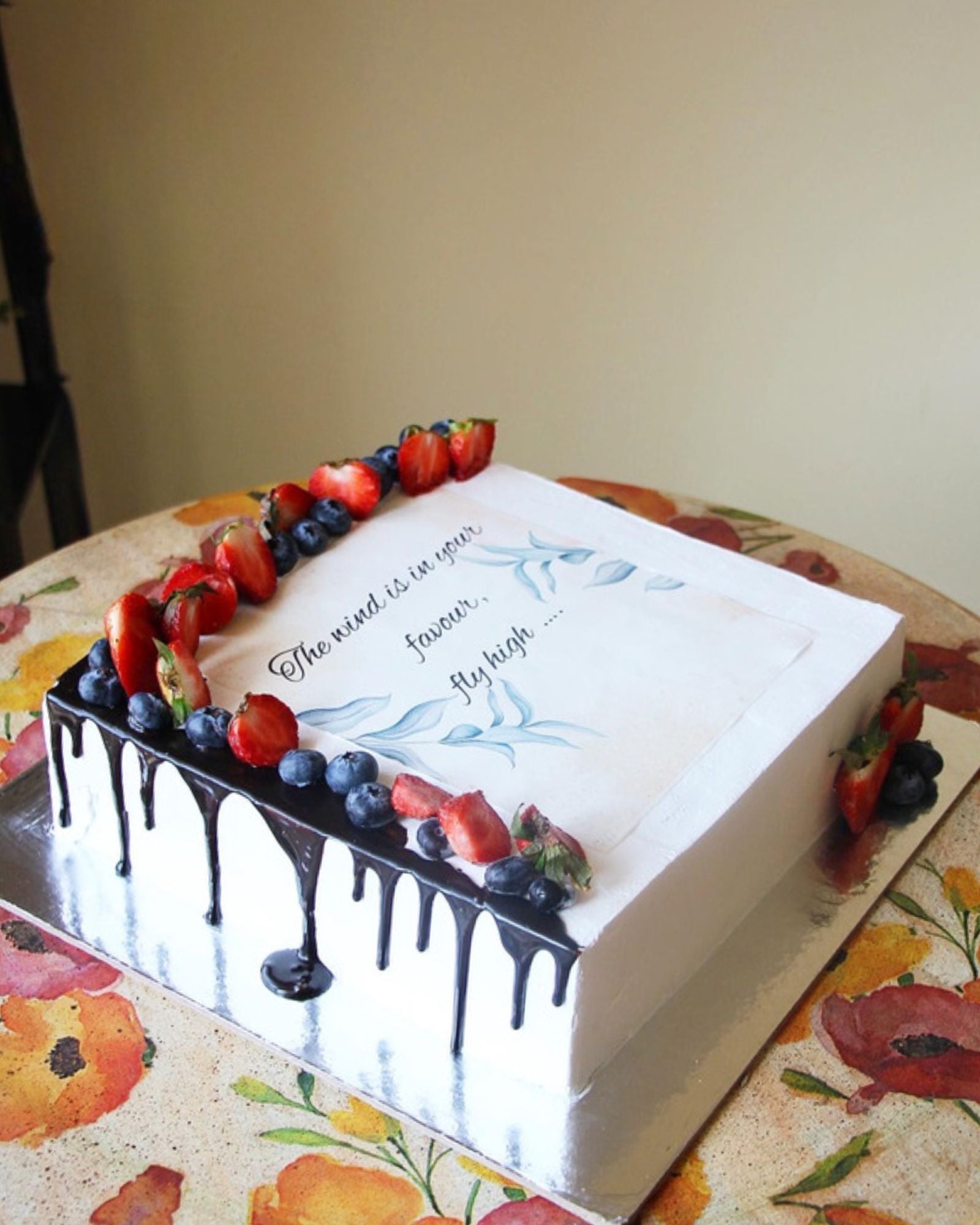 Custom Quote Cake with Fresh Berries & Chocolate Drip | Personalized Celebration Cake
